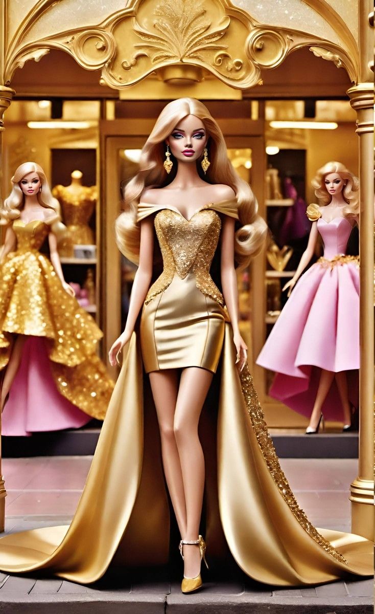 a barbie doll is standing in front of a gold dress