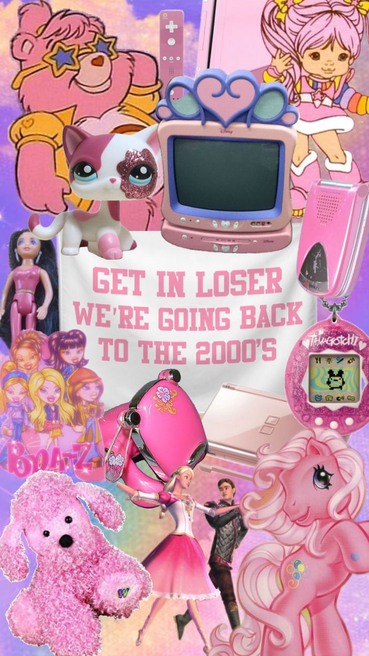 a collage of barbie dolls and toys with the caption get in closer we're going back to the 2000's