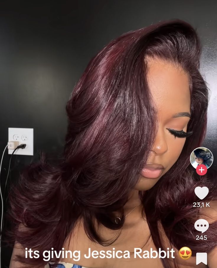 Cherry Chocolate Hair Black Women, Dark Red Bob Black Women, Cherry Cola Hair Color Black Women, Burgandy Hair On Brown Girl, Black Woman Burgundy Hair, Burgundy Shoulder Length Hair, Cherry Cola Hair Black Women, Red Burgundy Hair Color Black Women, Deep Red Hair Color Black Women