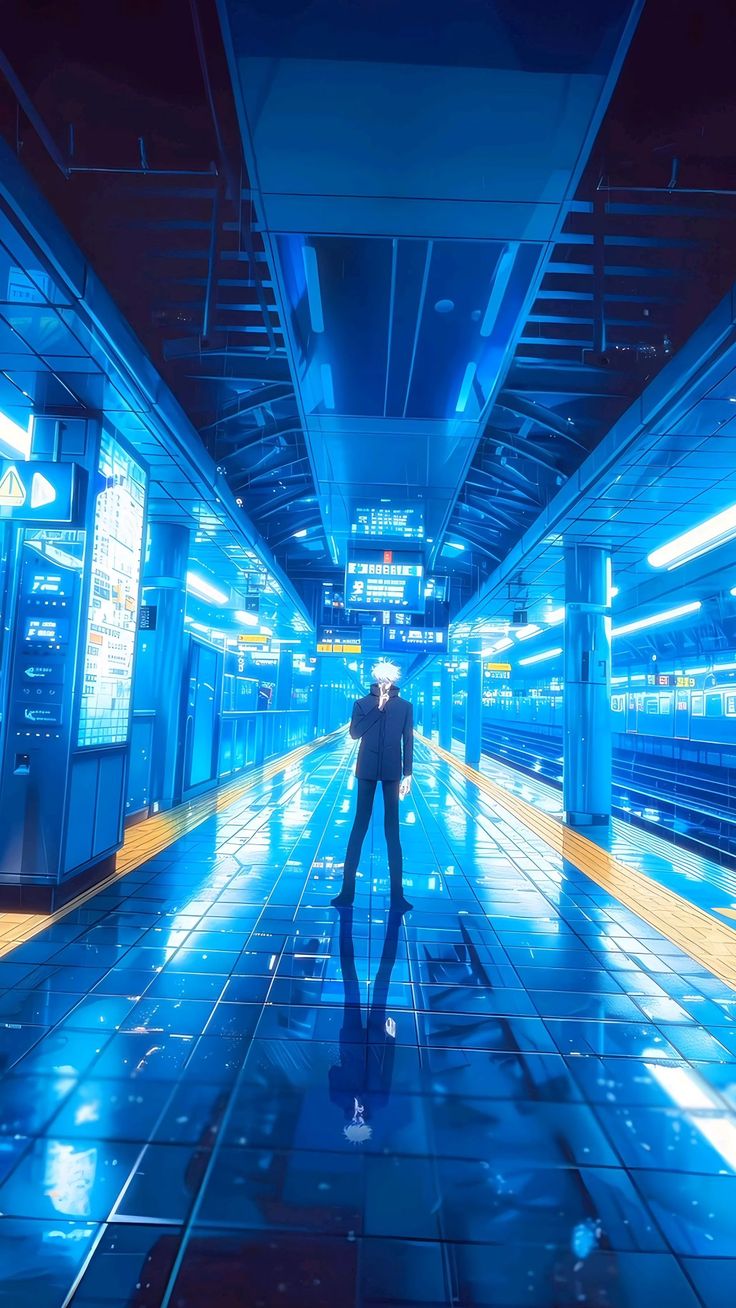 a man is standing in the middle of an empty train station with blue lights on it