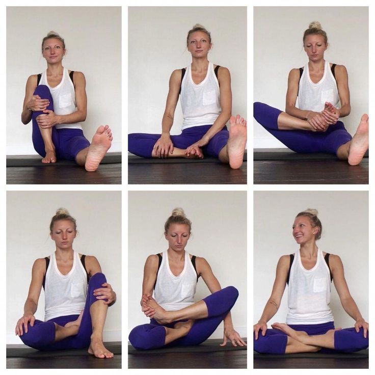 a woman sitting on the floor with her legs crossed in different positions, doing yoga