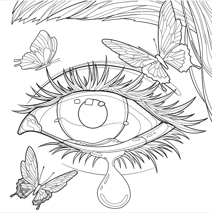 an eye with butterflies flying around it, and the image is outlined in black and white