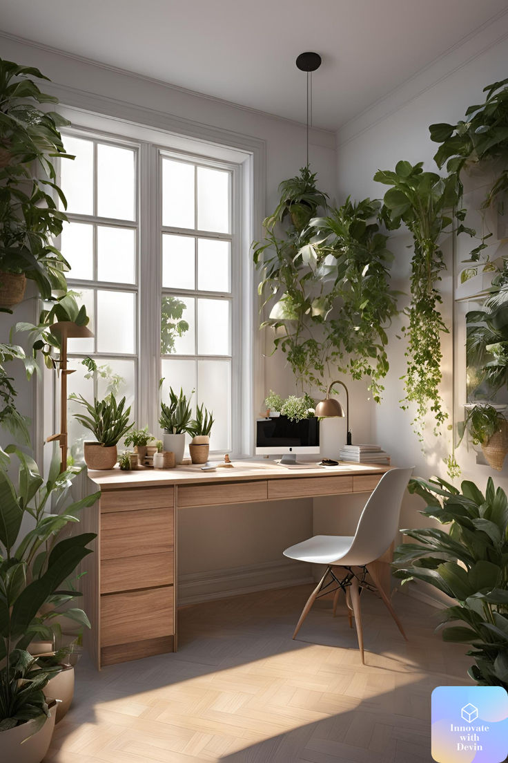 an office with plants on the wall and a desk in front of it, next to a window