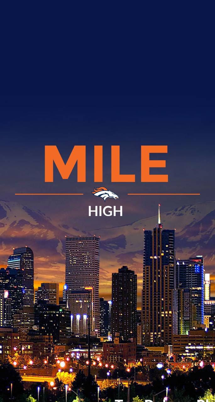 a city skyline with the words mile high in front of it at night, as well as an orange and blue sky