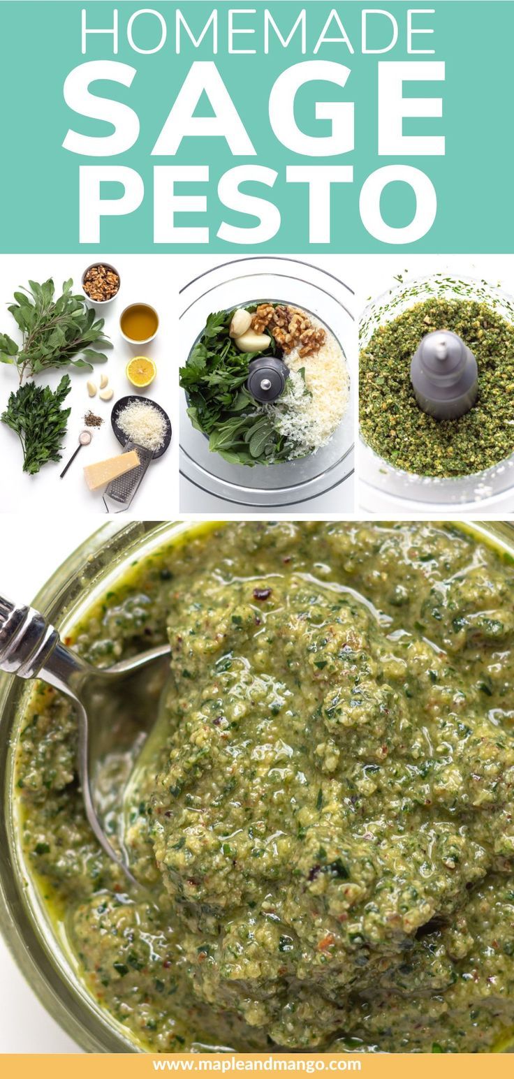 homemade sage pesto recipe in a glass bowl with spoons and spices on the side