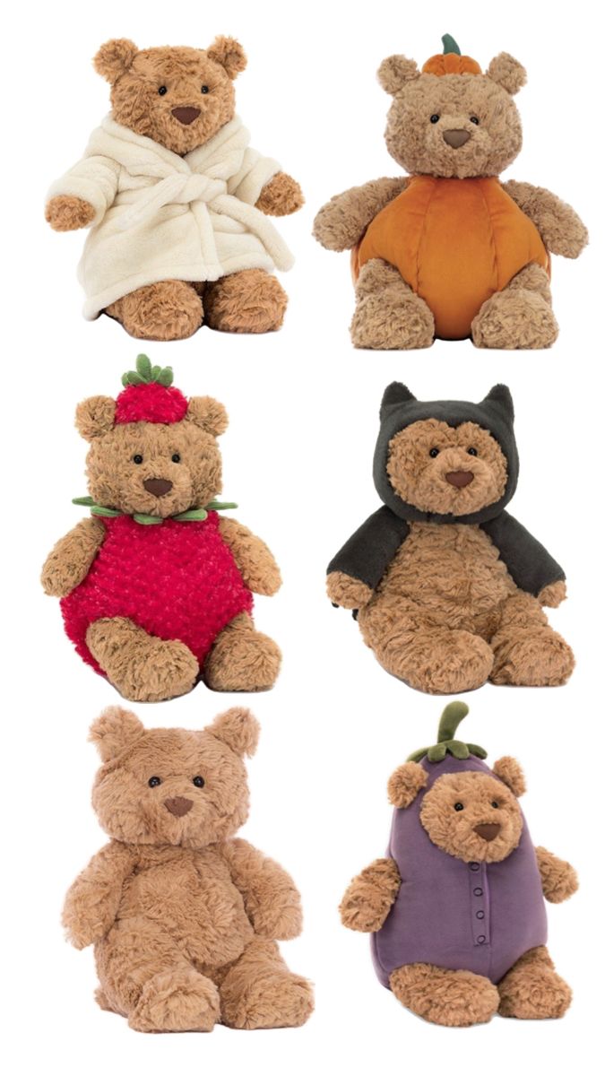 six teddy bears in different colors and sizes