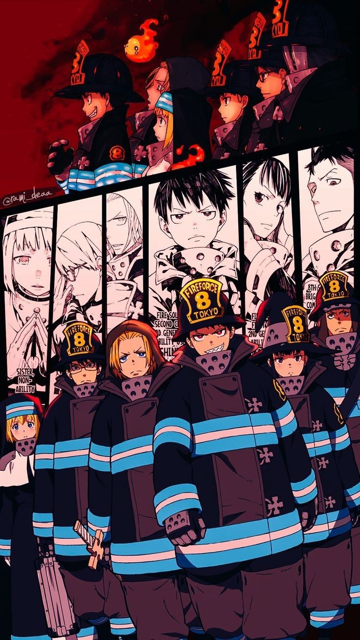 the fire fighters are lined up in front of an anime poster