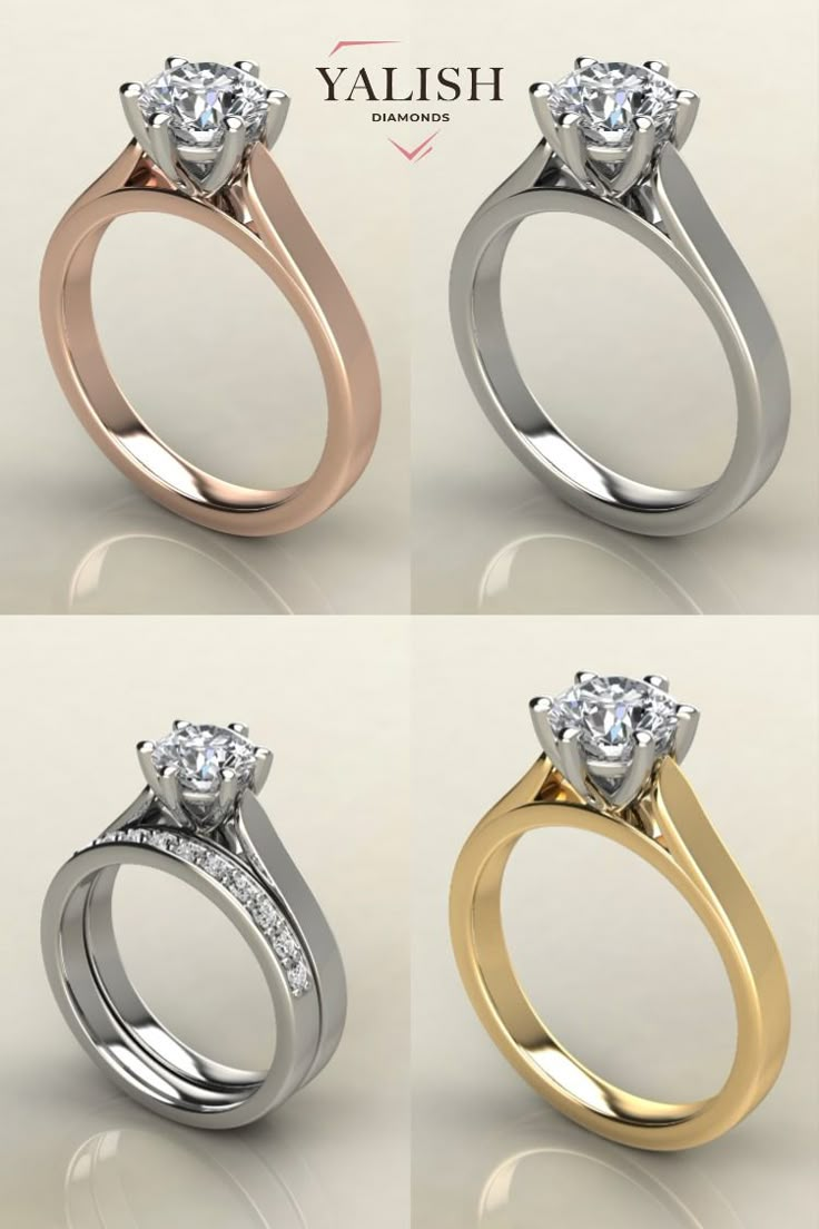 four different types of engagement rings with diamonds