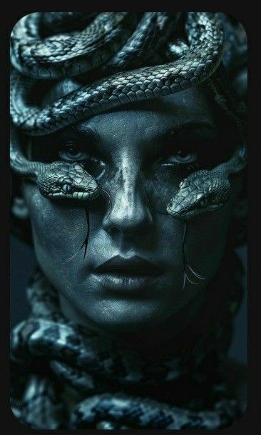 a woman with snake skin on her face and eyes, wrapped in snakes around her head