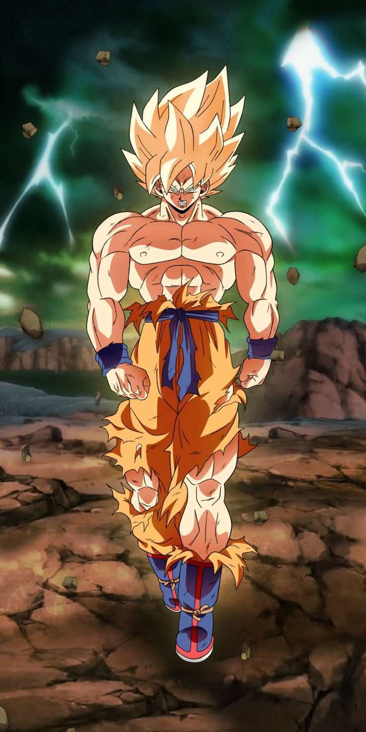 the dragon ball character is running in front of some rocks and lightnings, with his hands on his hips