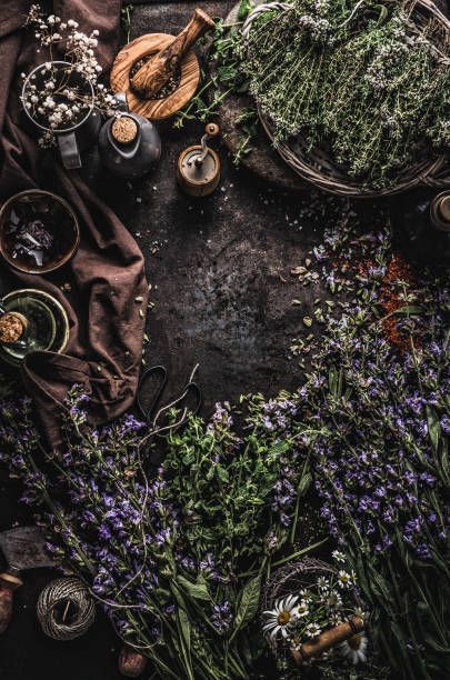 an overhead view of various herbs and spices on a table with cloths, teapots and spoons