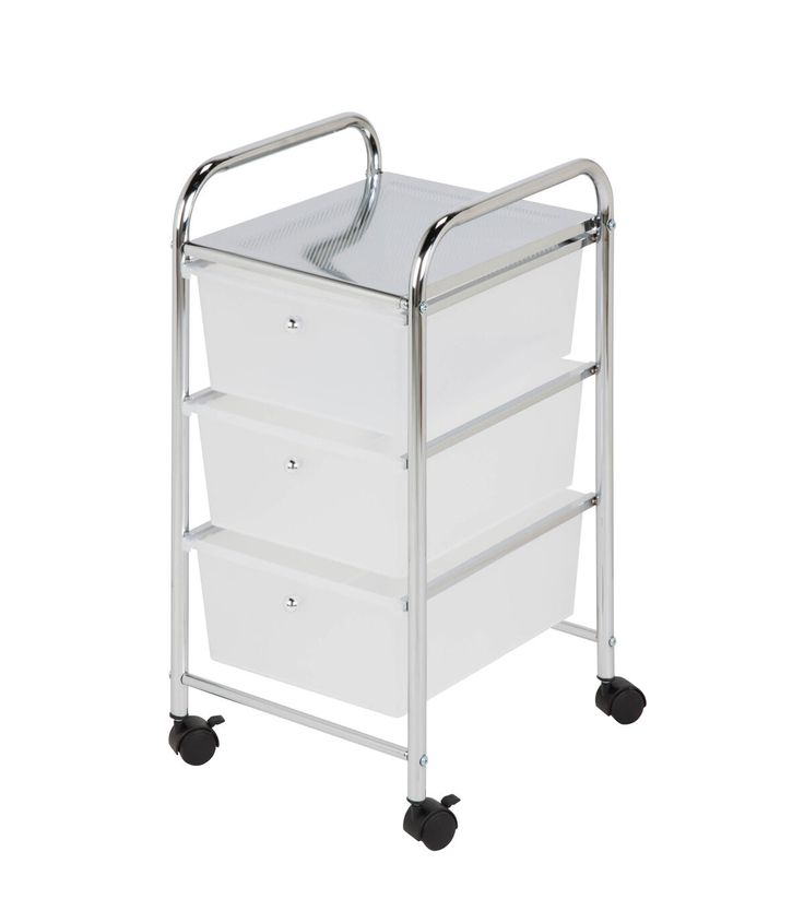 a three drawer rolling cart with wheels