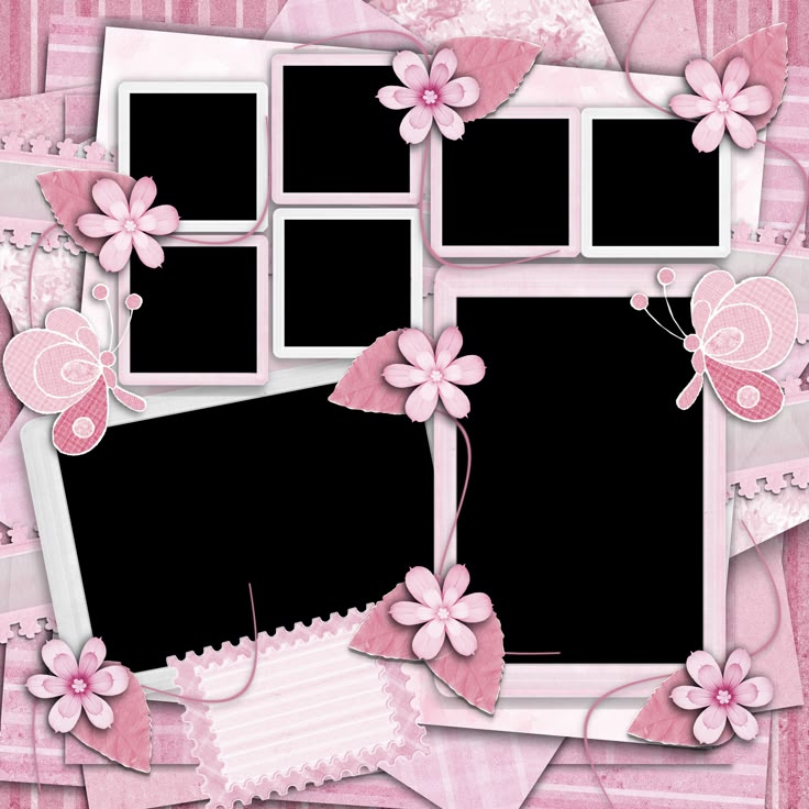 a pink and black photo frame with flowers, hearts and butterflies on the edges is shown