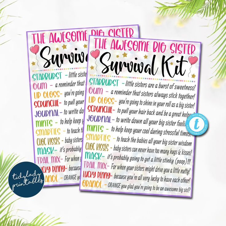 two printable summer survival kits with pine branches and snowflakes in the background