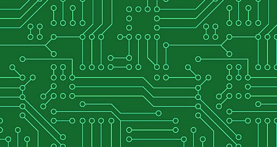 an electronic circuit board with green and white lines in the middle, as well as dots on