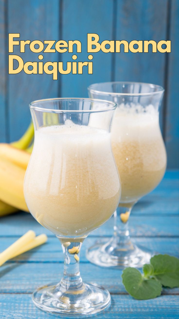 two glasses filled with frozen banana daiquii