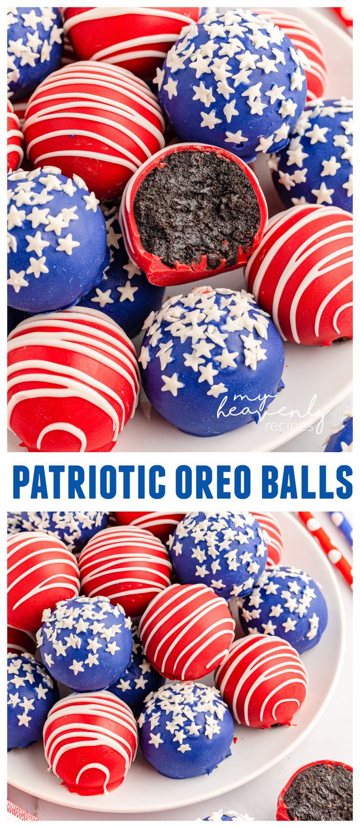 patriotic oreo balls with red, white and blue decorations