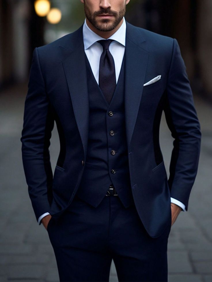 Navy Blue Suit For Groom, Navy Blue Suits For Men Wedding, Navy Blue Suit Men Wedding, Dark Blue Suit Men, Navy Fitted Suit, Navy Suit Outfit Men, Navy Blue Suits For Men, Mens Navy Blue Suit, Navy Blue Wedding Suit