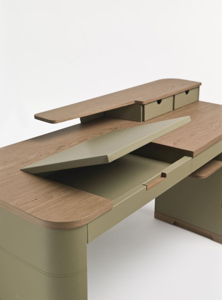 a wooden desk with two drawers on each side and an open drawer at the top