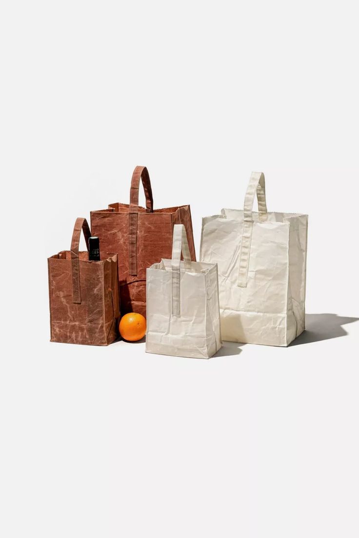 three bags and an orange on a white background