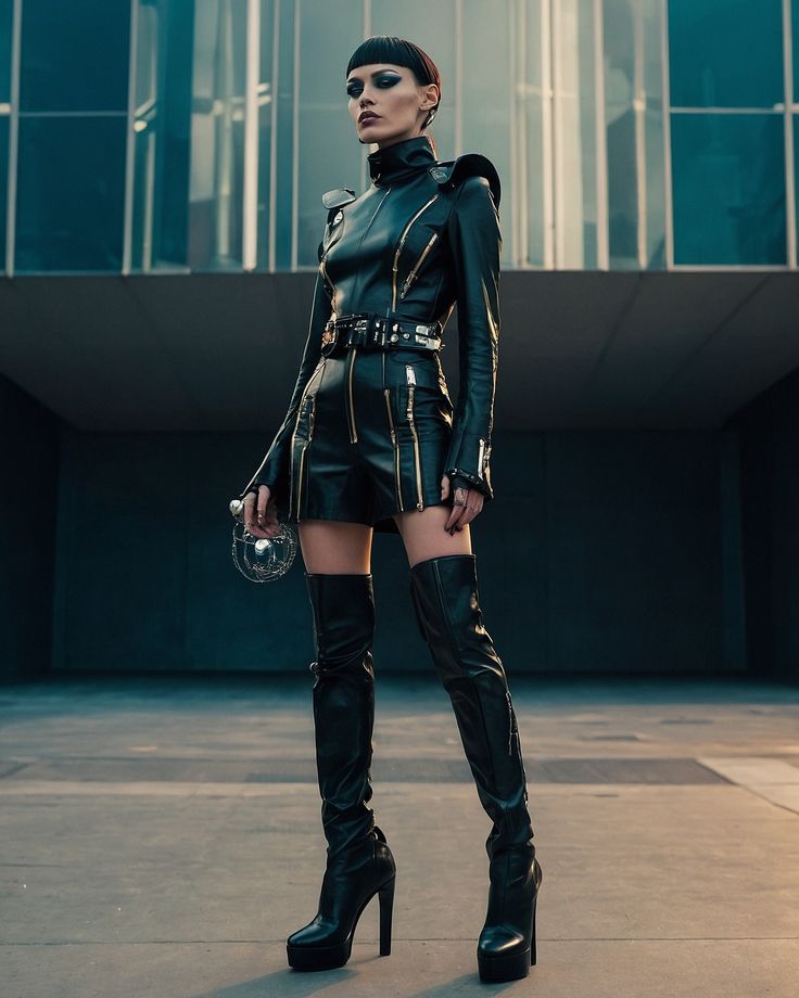 a woman in black leather outfit and high heeled boots posing for the camera with her hand on her hip