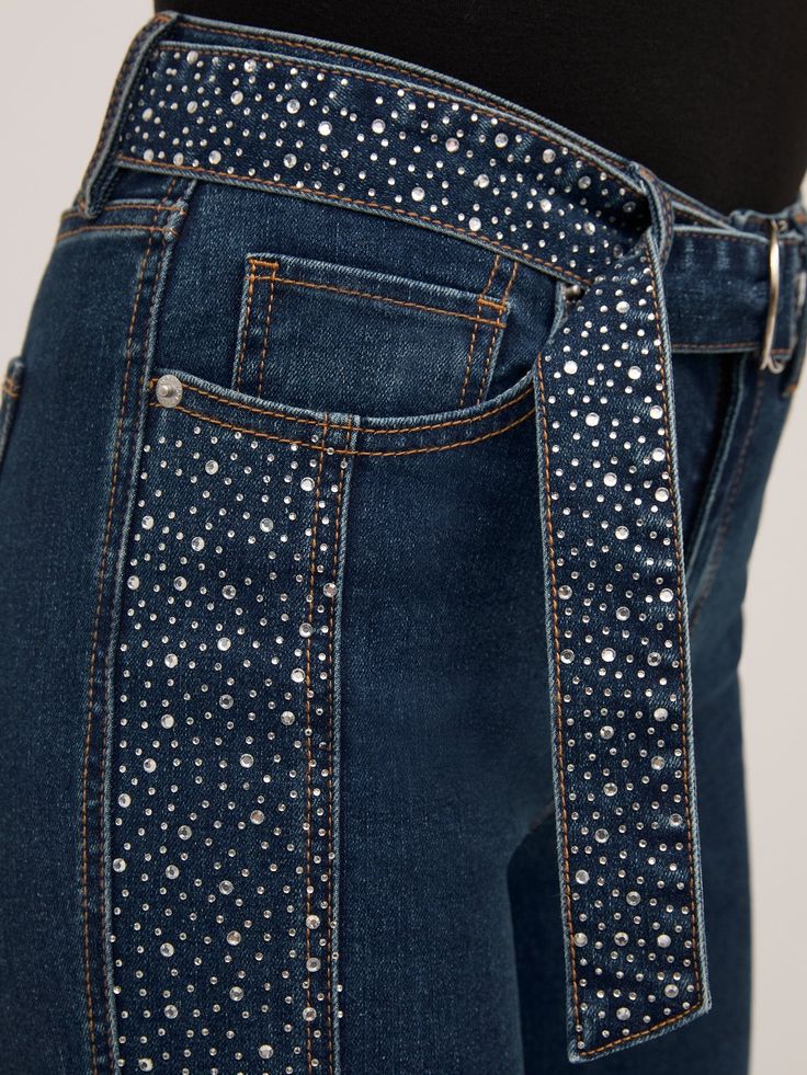 Sparkle Jeans, Bling Denim, Fringe Jeans, Embellished Jeans, Rhinestone Embellishments, Side Stripe, Petite Fashion, Wide Leg Jeans, Stretch Cotton