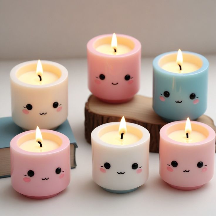 small candles with faces on them sitting next to a book