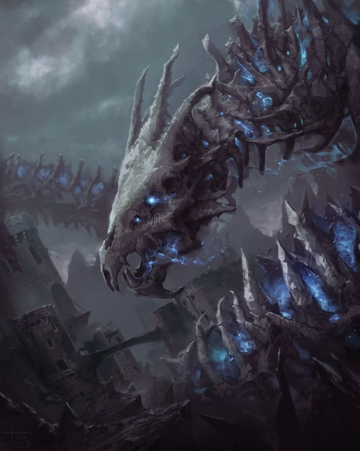 a dragon with glowing blue eyes is in the middle of a dark, cloudy sky