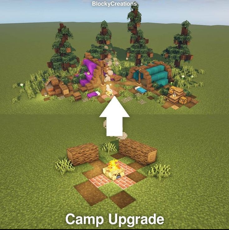 the camp upgrade in minecraft is shown with an arrow pointing up to it's location