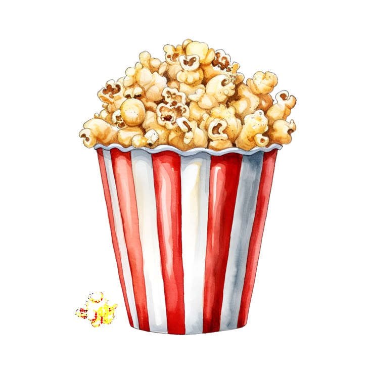 a watercolor painting of a red and white striped popcorn cup with popcorn kernels in it