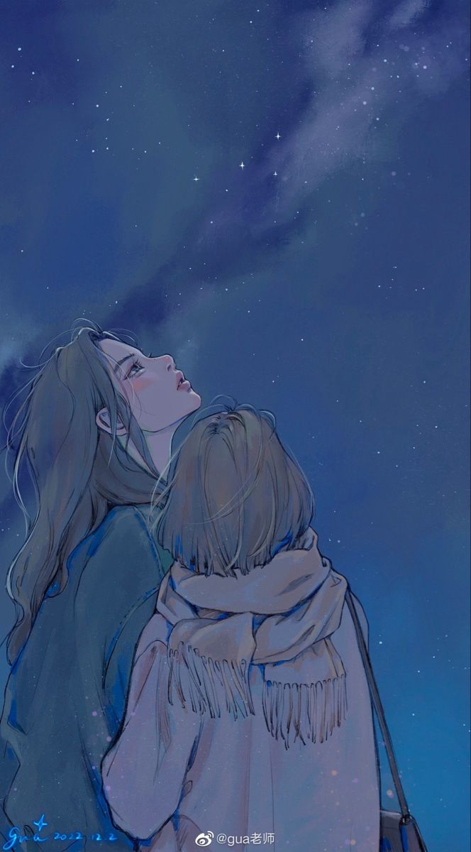 two people standing in front of the night sky with their heads touching each other's shoulders