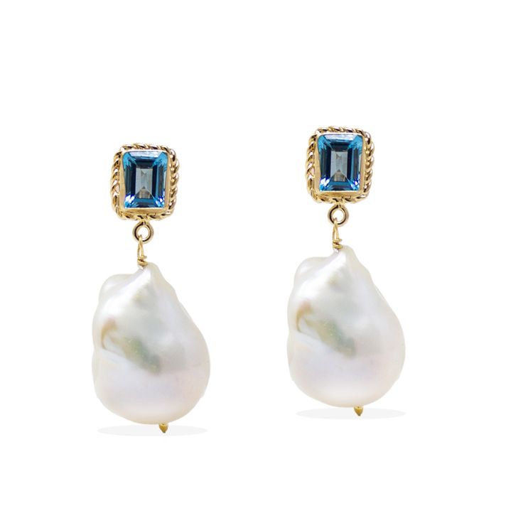 Luccichio Gold Vermeil Blue Topaz & Pearl Earrings | Vintouch Italy | Wolf & Badger Pearl Earrings Handmade, Wedding Wardrobe, Fine Gold Necklace, April Birthstone Jewelry, March Birthstone Jewelry, Silver Stacking Rings, Forever Jewelry, Gold Pearl Earrings, Pearl Jewellery Earrings