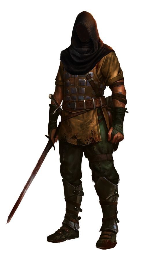 If anyone knows the source, I would be thankful. Medieval Bandit, Bandit Character Design, Dnd Mercenary, Fantasy Mercenary, Thief Character, Light Armor, Concept Art Character, Dungeons And Dragons Characters, Dnd Art