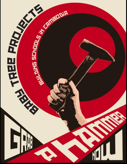 a poster with a hammer in the middle of it, and an image of a person holding