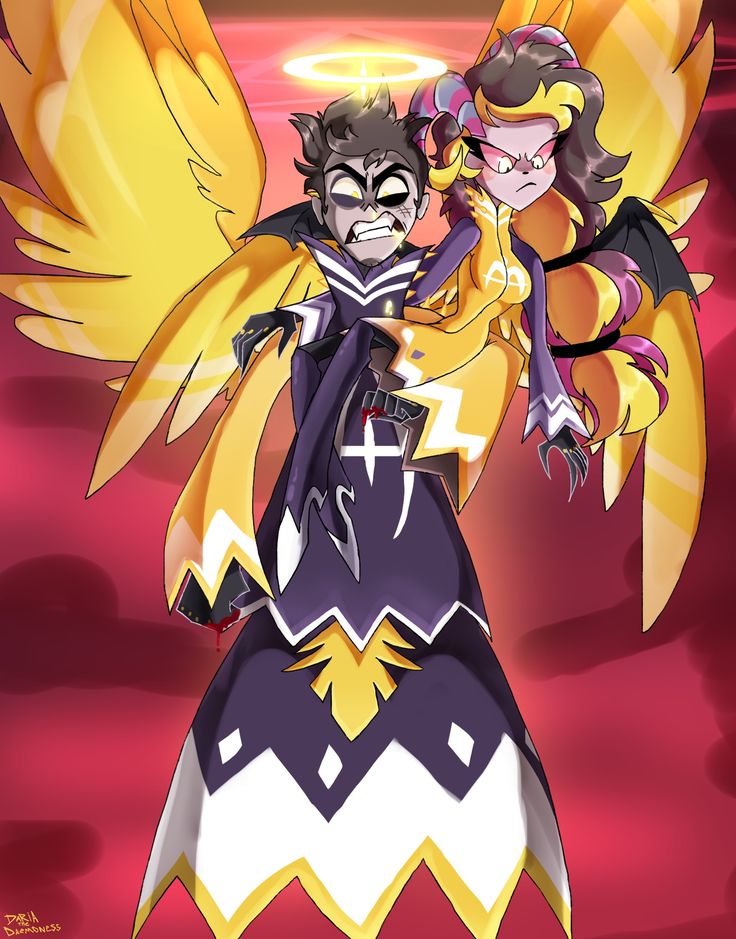 an angel and demon standing next to each other in front of a red background with yellow wings