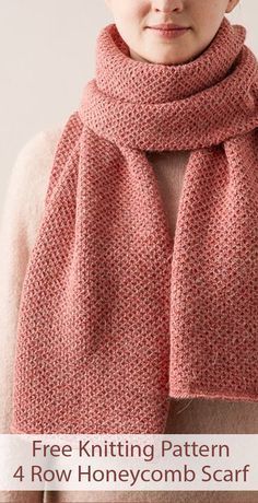 a woman wearing a knitted scarf with the text free knitting pattern 4 row honeycomb scarf