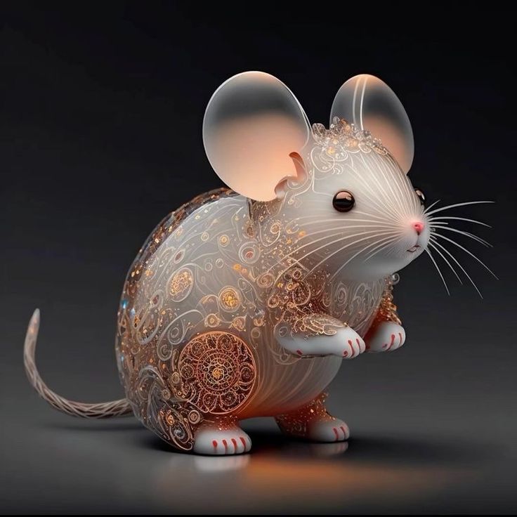 a white rat with intricate designs on it's back legs and ears, sitting in front of a black background