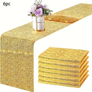 gold glitter table runner with flower vase and napkins on each side, set of 6