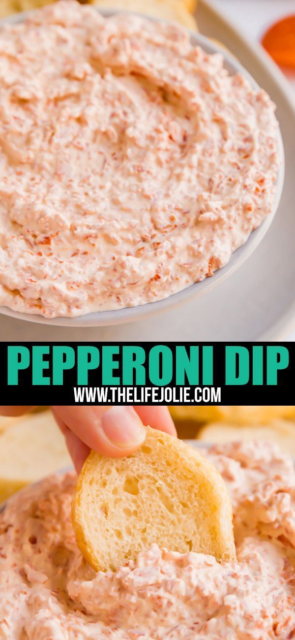 a hand dipping dip into bread chips with the words pepperoni dip above it and below