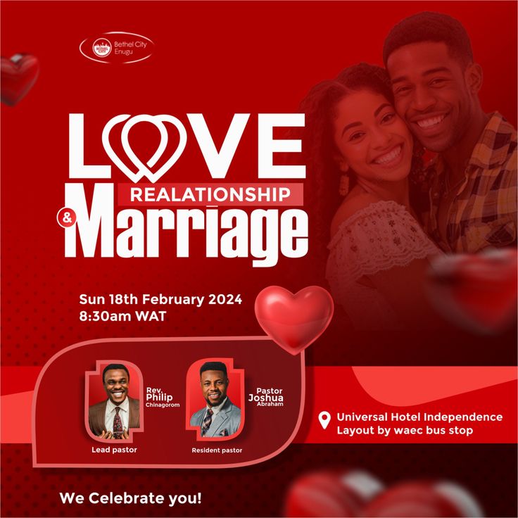 a poster for love and marriage with two people smiling at each other in front of a red background