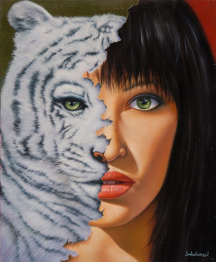 a painting of a white tiger and a woman's face with her eyes closed