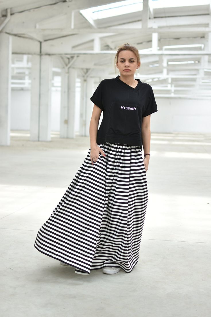 "Striped Maxi Skirt, High Waist Skirt, Plus Size Clothing ◈ Stylish and chic fashion is our shared dream! You can be sure that this piece is made with a lot of love and craftsmanship. ◈ S I Z I N G ◈ This item is available from XS to 4XL. Please, have a look at my Size Chart below before placing your order. ◈ D E L I V E R Y ◈ This item will be shipped in up to 5 days after your order was placed. We use Express worldwide shipping for all of our items. Shipping usually takes: ✈ 2-3 biz days to US Casual Dress With Pleated Relaxed Skirt, Casual Striped Flowy Bottoms, Casual Dress With Relaxed Flared Skirt, Casual Dresses With Relaxed Flared Skirt, Striped Flowy Long Skirt, Striped Long Flowy Skirt, Casual Black Lined Maxi Skirt, Casual Full Black Skirt, Casual Black Full Skirt