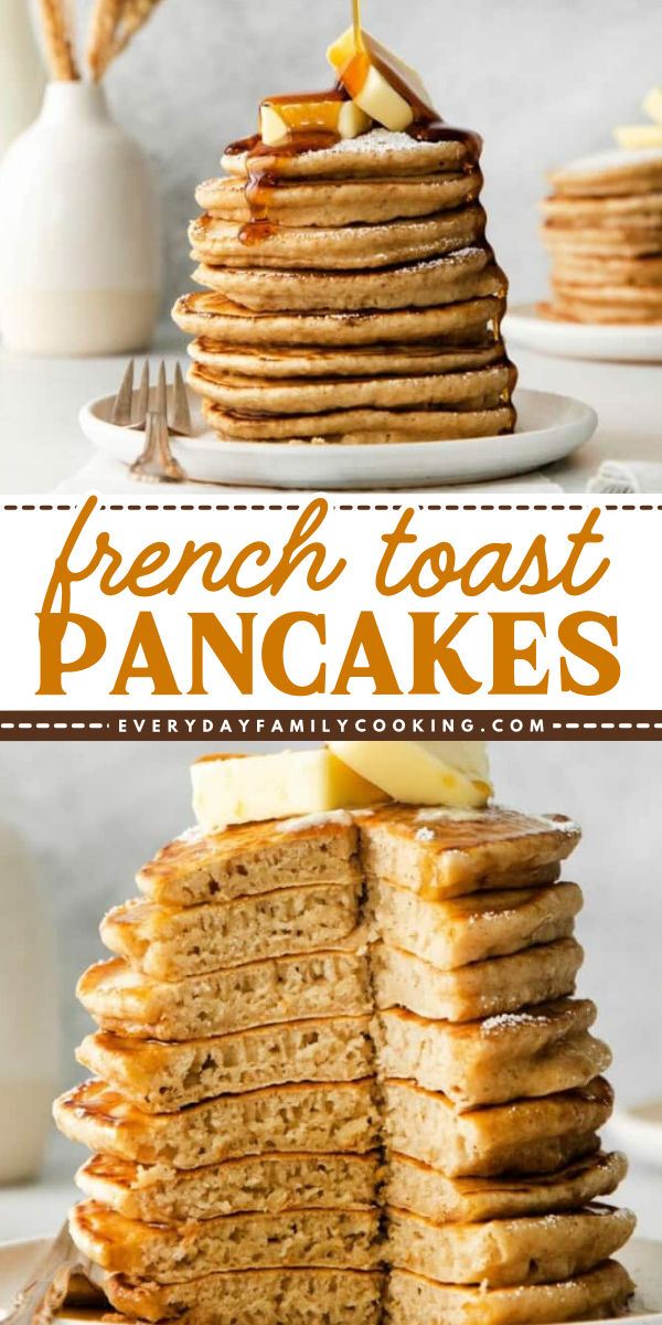 These French Toast Pancakes make the best Mother's Day brunch idea! These homemade pancakes are tall, fluffy, and ready in 15 minutes. Pin this sweet brunch idea! French Toast With Pancake Batter, Tasty Pancake Recipe, Cool Pancake Ideas, Flat Pancake Recipe, French Pancakes Recipe, Different Types Of Pancakes, Recipes Using Pancake Batter, Pancake Ideas Creative, Bday Pancakes