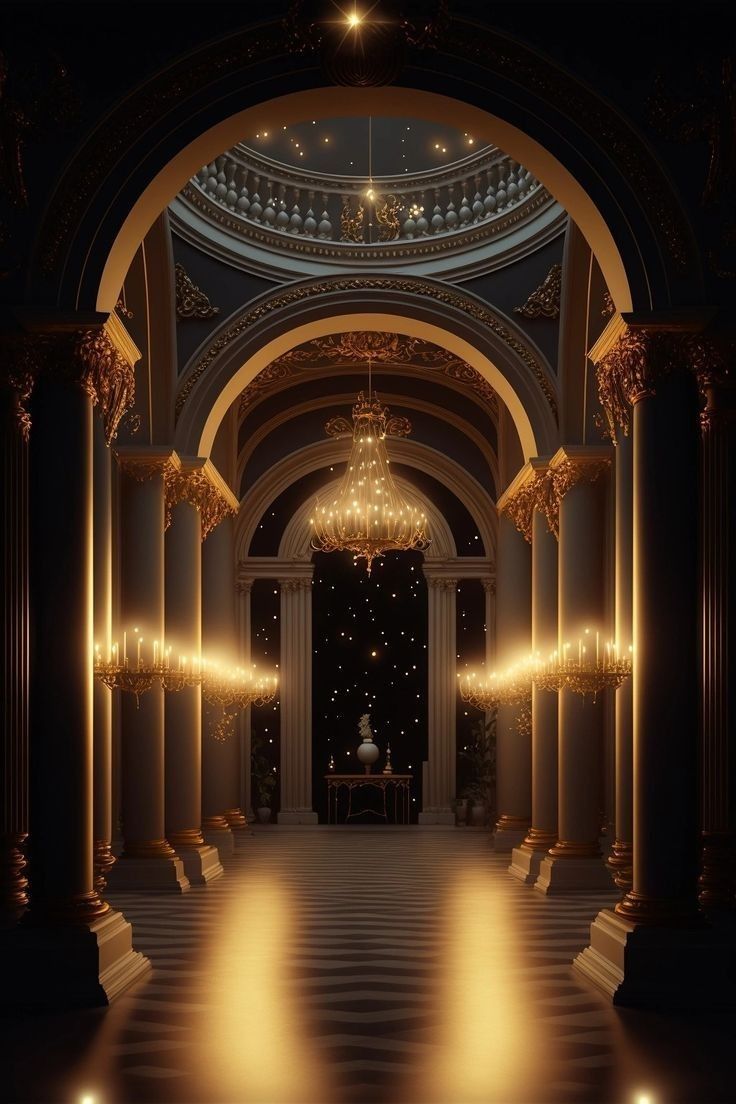 an empty hall with columns and chandeliers lit by lights on the ceiling,