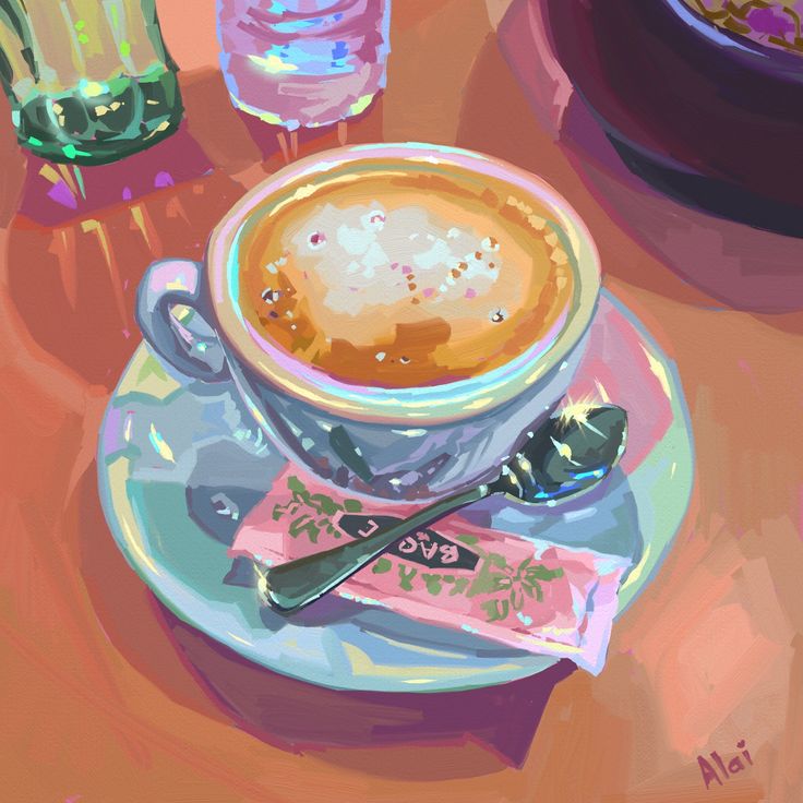 a painting of a cup of coffee on a saucer