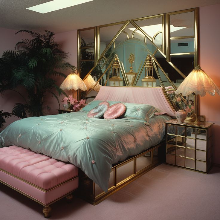 a pink and gold bedroom with mirrored walls