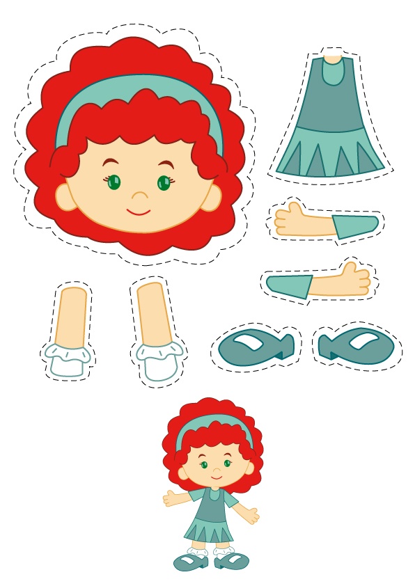 the paper doll is next to its cutout and sewing pattern for it's clothes