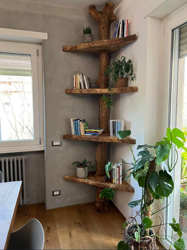 a wooden shelf with books and plants on it in a living room next to a window