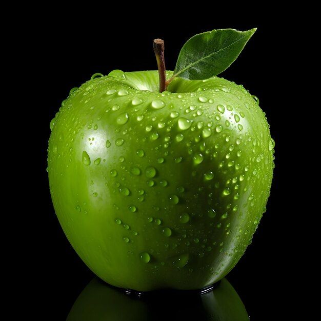 an apple with water drops on it and a green leaf sticking out of the top