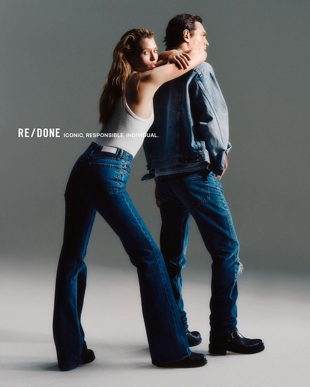 a man and woman in jeans are posing for a magazine cover photo shoot with the caption, re / donee